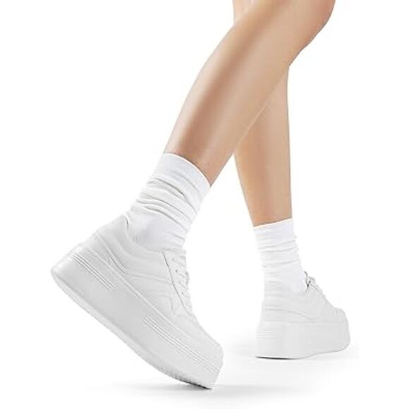 Dream Pair Womens Size 7.5 White Faux Leather Lace Up 2" Platform Sneaker Shoes - Picture 5 of 6